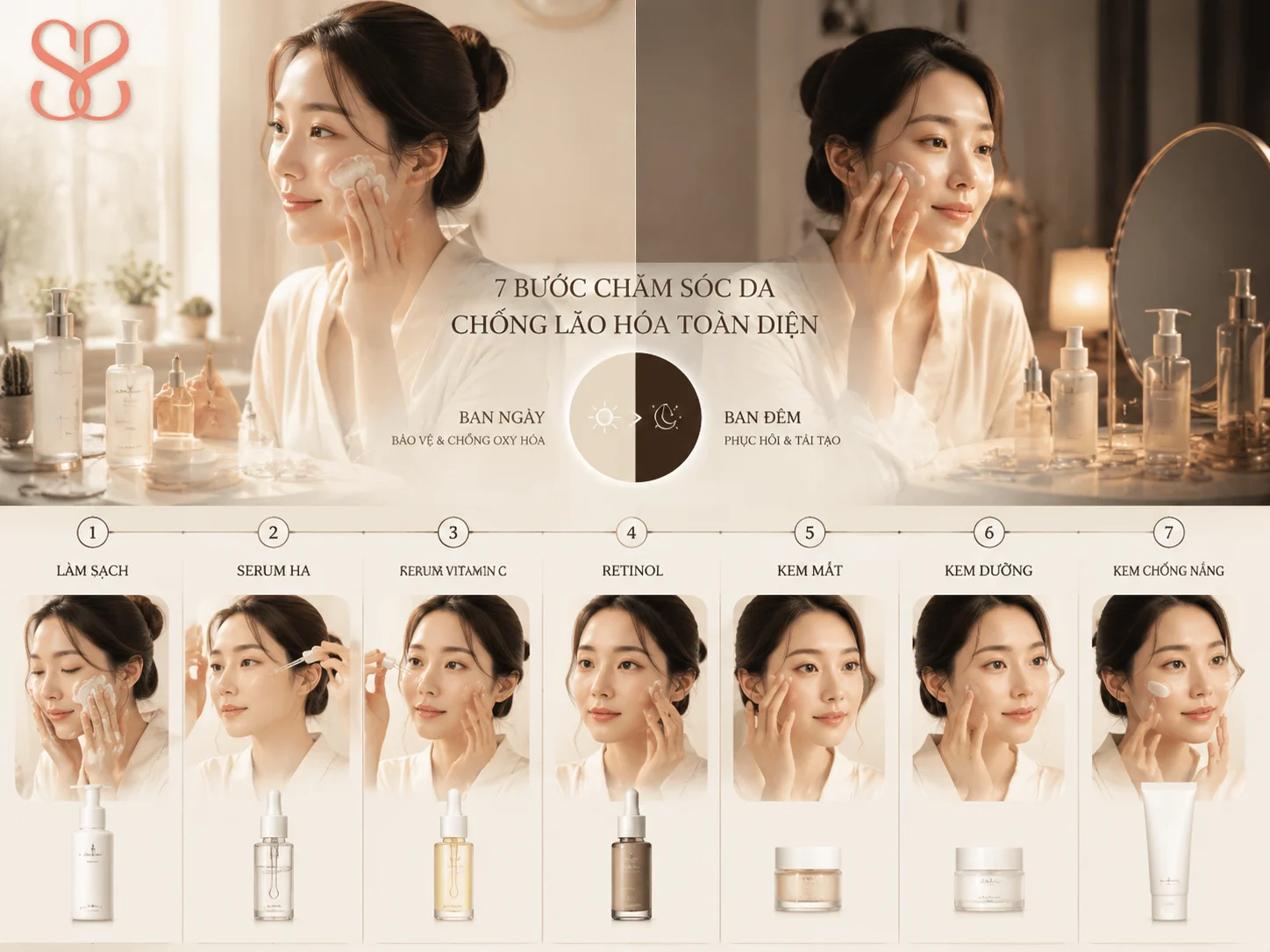 7 bước chăm sóc da lão hoá (routine sáng & tối