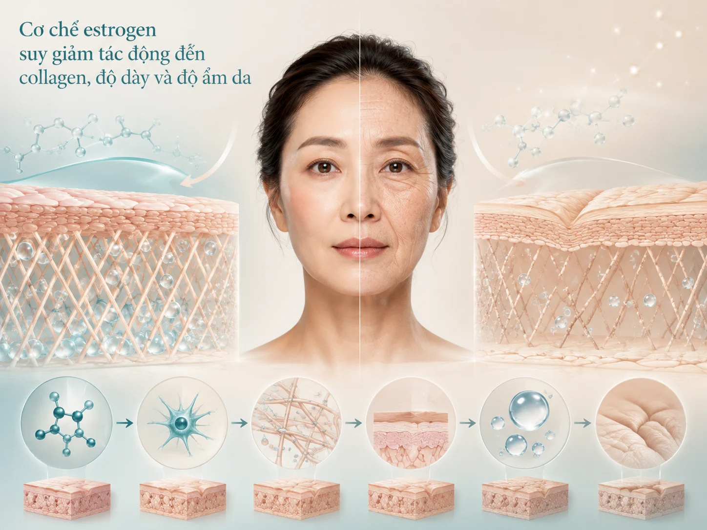 Cơ chế estrogen suy giảm tác động đến collagen, độ dày và độ ẩm da Cơ chế estrogen suy giảm tác động đến collagen, độ dày và độ ẩm da