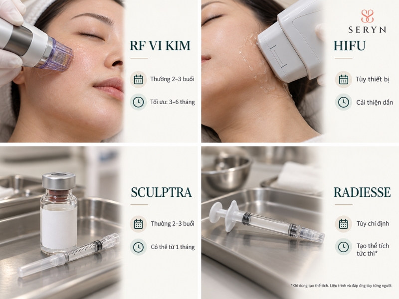 RF vi kim, HIFU, Sculptra và Radiesse khác nhau về số buổi điều trị, thời gian RF vi kim, HIFU, Sculptra và Radiesse khác nhau về số buổi điều trị, thời gian
