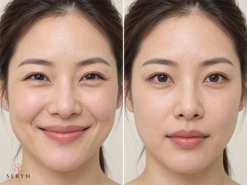 Nếp nhăn chỉ xuất hiện khi cười hoặc nheo mắt và biến mất khi gương mặt thư giãn Nếp nhăn chỉ xuất hiện khi cười hoặc nheo mắt và biến mất khi gương mặt thư giãn